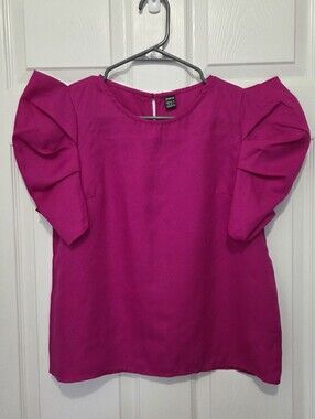 Women's Hot Pink Puff Short Sleeve Blouse Top Size Medium Business Casual